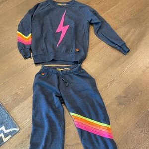 Aviator nation bolt stitch chevron crew/sweatpants in heather navy/neon.
